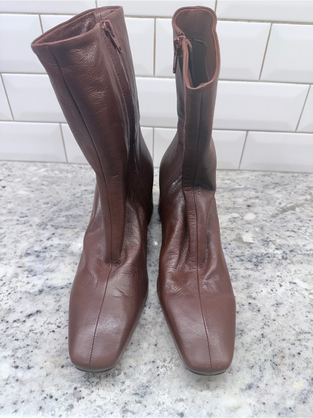 Pedro Garcia Burgundy Leather Mid-Calf Block Heel Boots - Picture 3 of 4